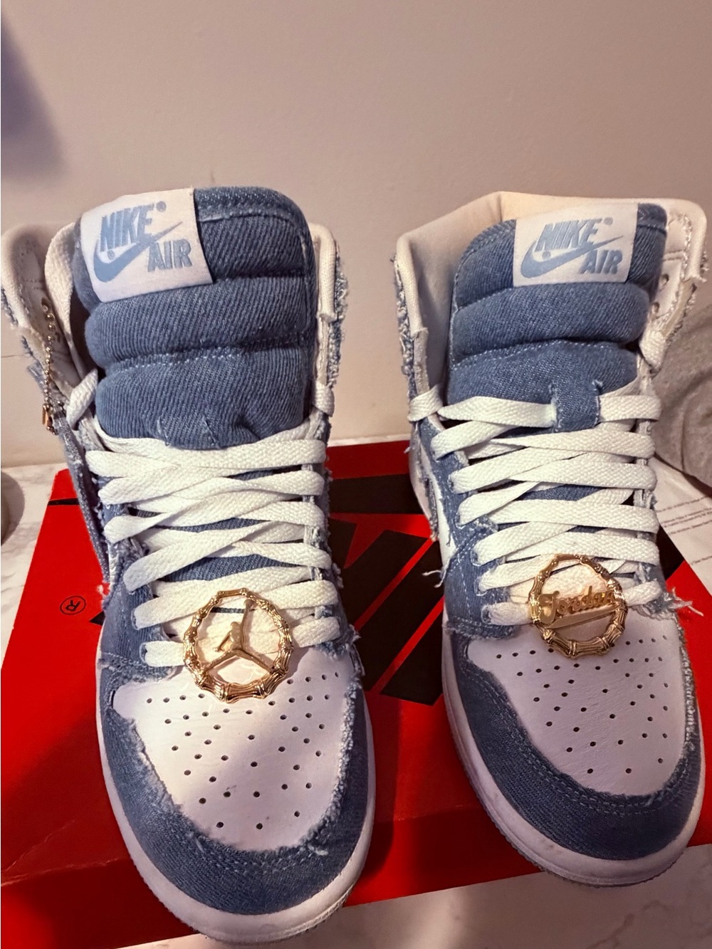 Nike High-Top Sneakers in White & Light Blue Denim